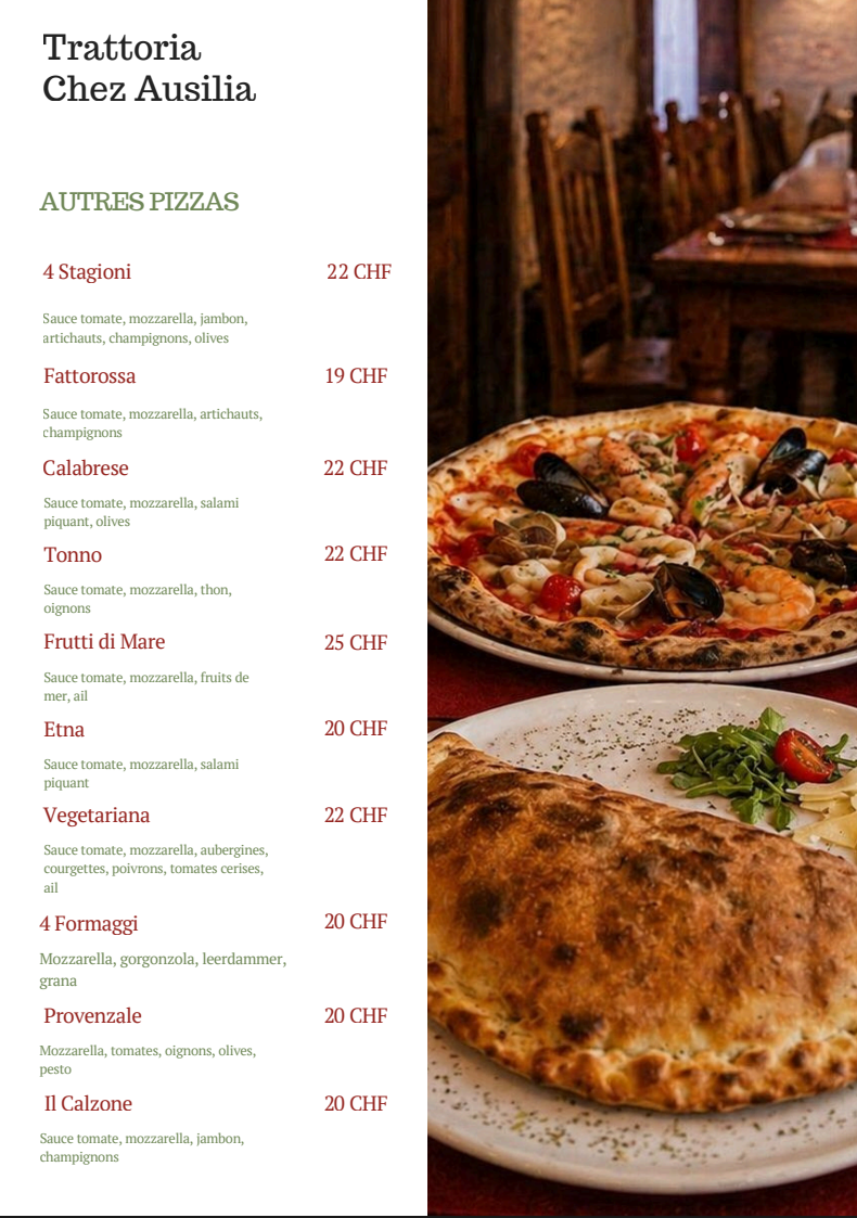 Menu des autres pizzas